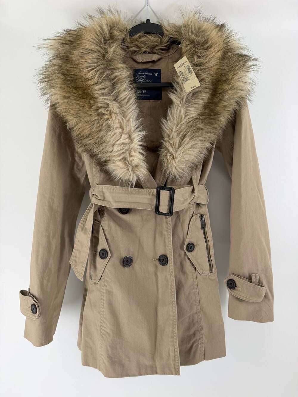 American Eagle XS Faux Fur Collar Belted Trench Coat Y2K Mob Wife NWT